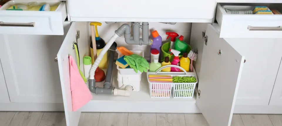 under sink storage with various cleaning supplies